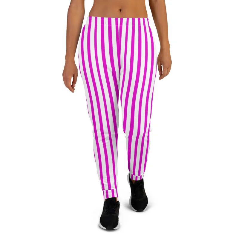 Pink White Striped Women's Joggers, Vertical Stripe Modern Circus Sweatpants-Made in EU