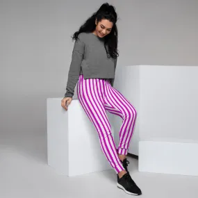 Pink White Striped Women's Joggers, Vertical Stripe Modern Circus Sweatpants-Made in EU