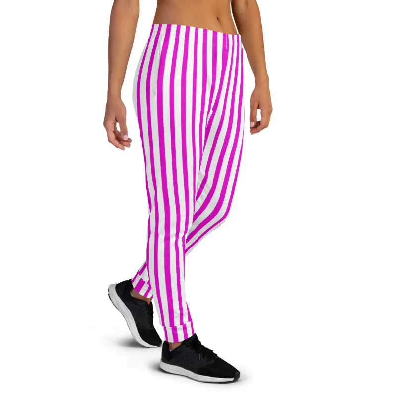 Pink White Striped Women's Joggers, Vertical Stripe Modern Circus Sweatpants-Made in EU