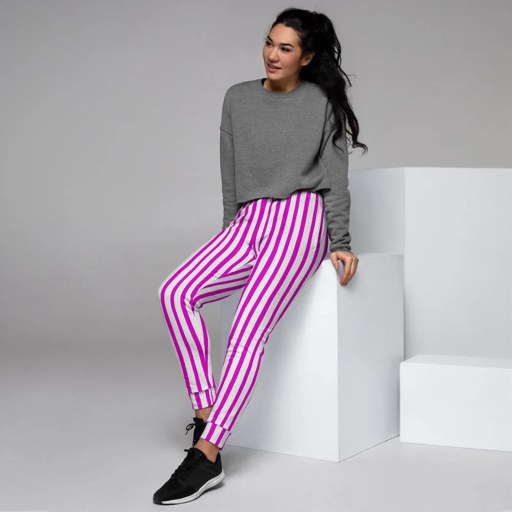 Pink White Striped Women's Joggers, Vertical Stripe Modern Circus Sweatpants-Made in EU