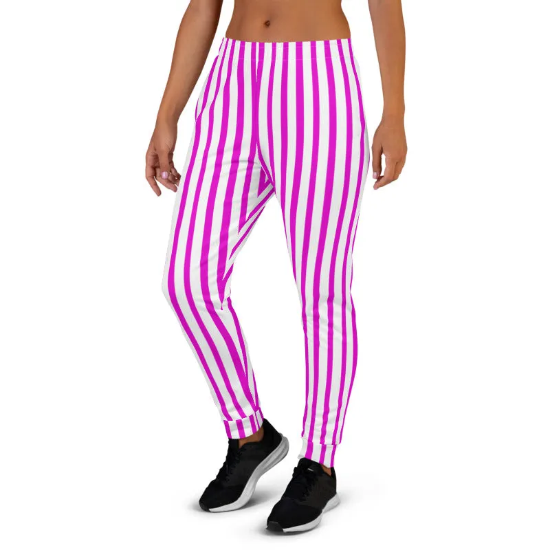 Pink White Striped Women's Joggers, Vertical Stripe Modern Circus Sweatpants-Made in EU