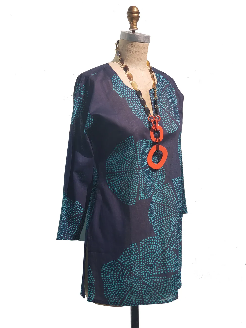 Raja Cotton Tunic Navy Turquoise Polka Dots