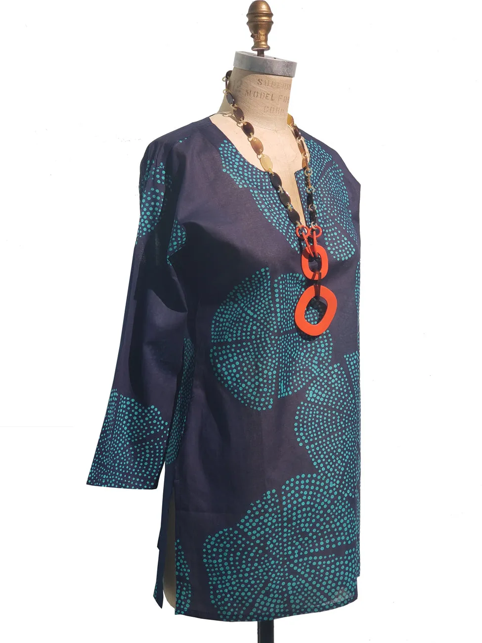 Raja Cotton Tunic Navy Turquoise Polka Dots