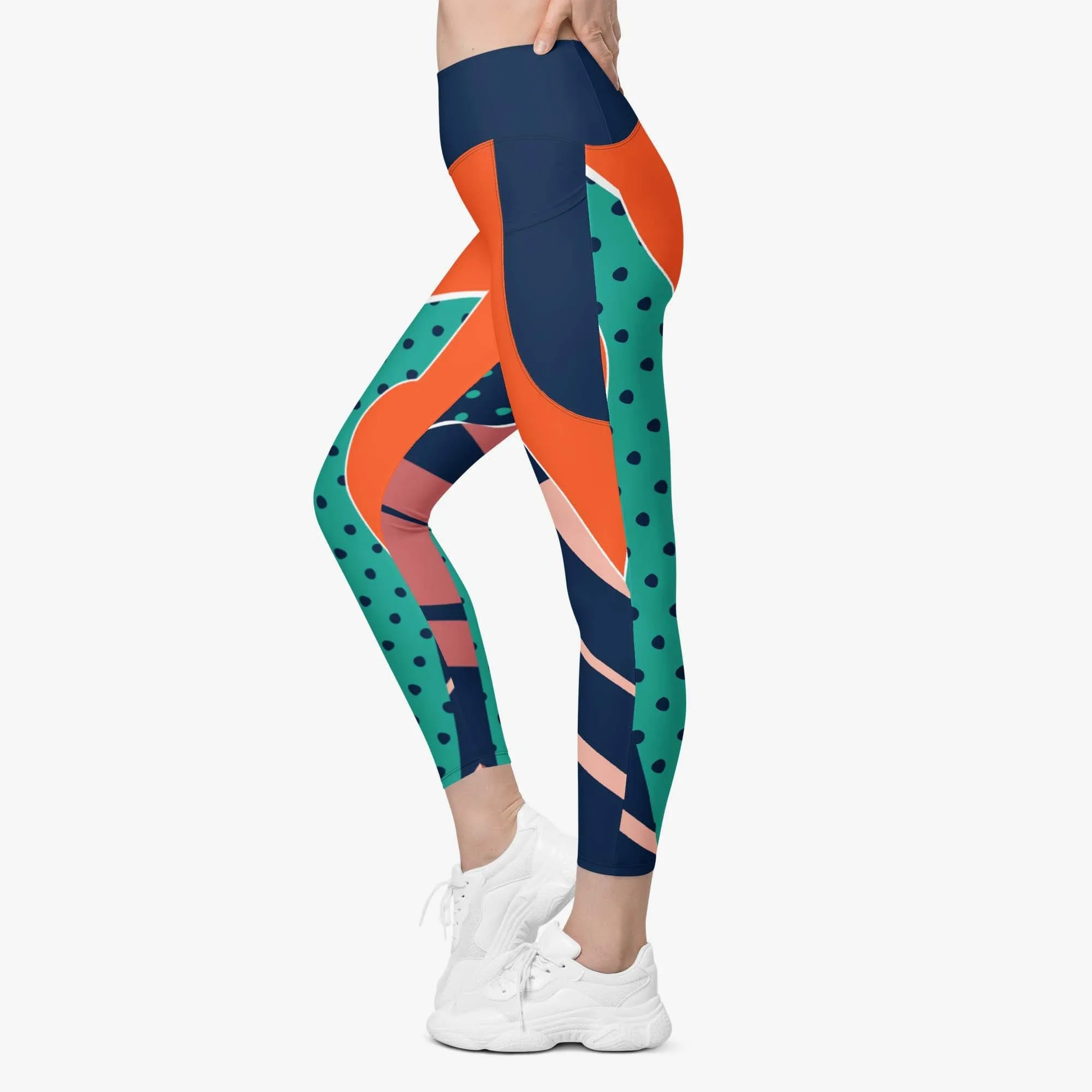 Recycled Patterned Leggings "Collage" Orange/Teal with Pockets