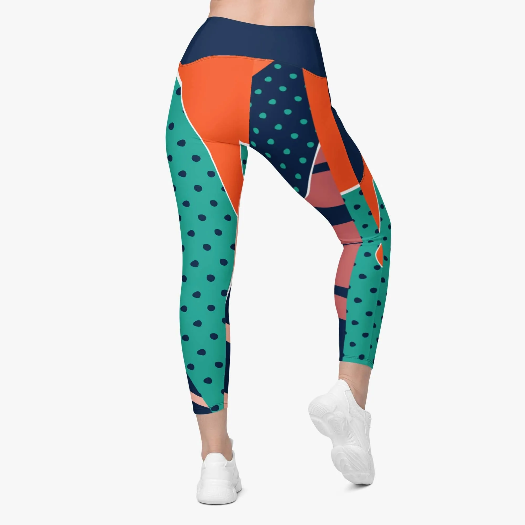 Recycled Patterned Leggings "Collage" Orange/Teal with Pockets