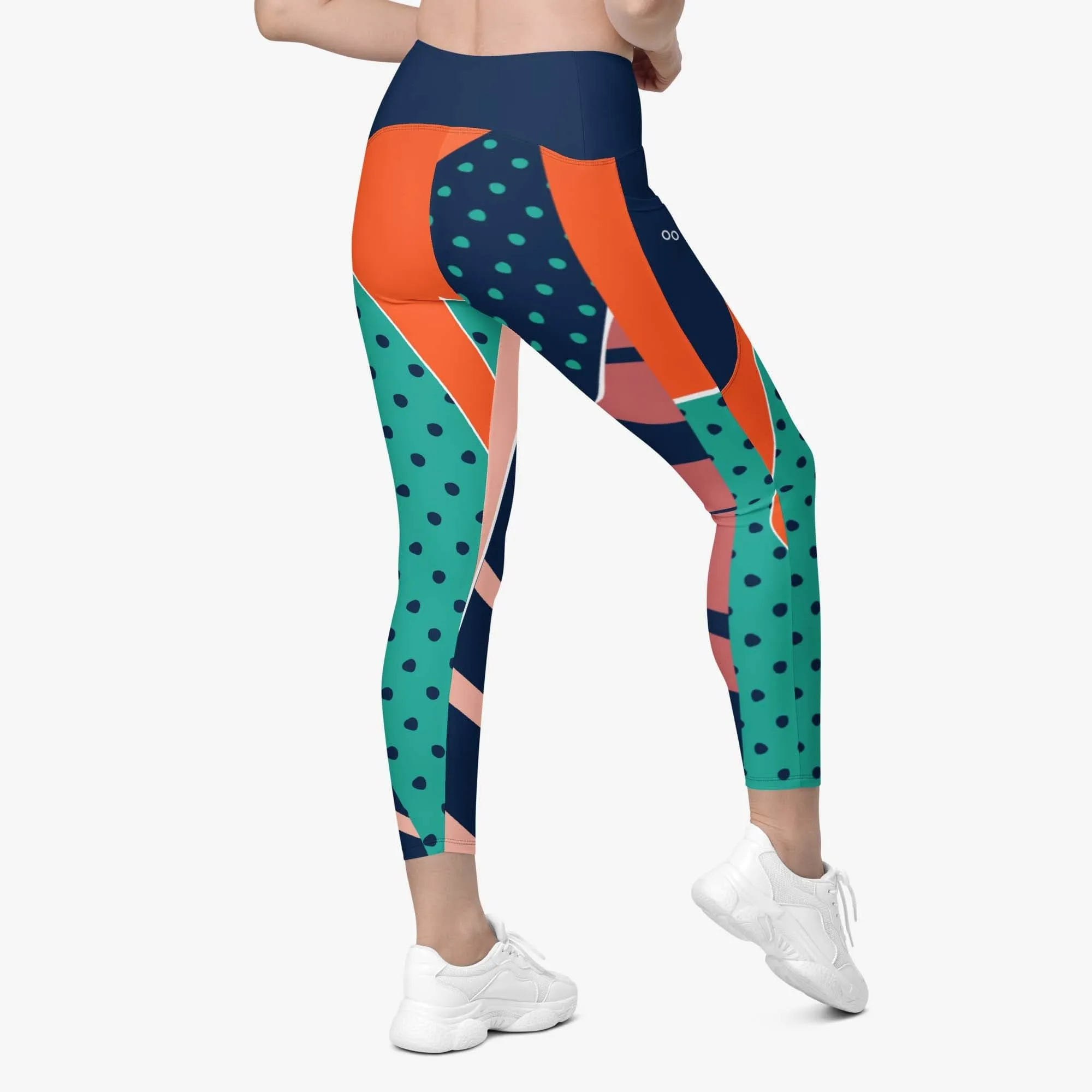 Recycled Patterned Leggings "Collage" Orange/Teal with Pockets