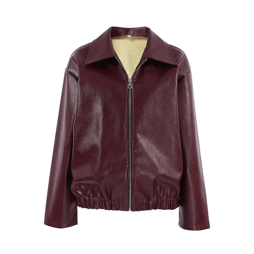 Retro Biker's Style Wine Red Matte Leather Jacket