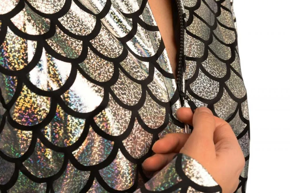 Silver Shiny Gloss Mermaid Scales Unisex Zip Disco Jacket