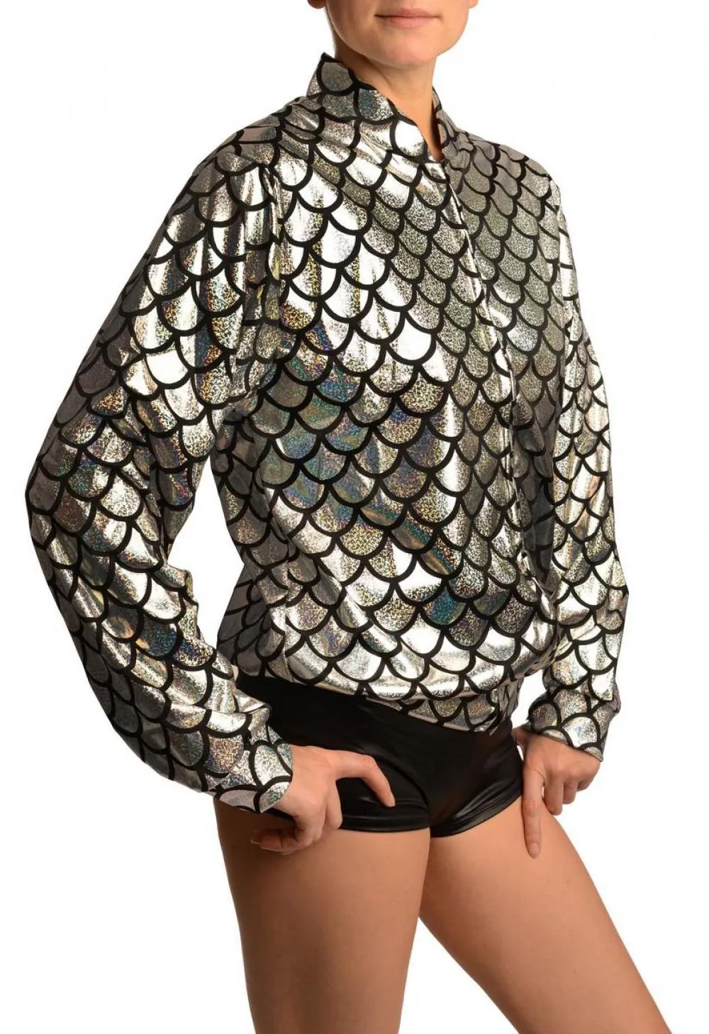 Silver Shiny Gloss Mermaid Scales Unisex Zip Disco Jacket