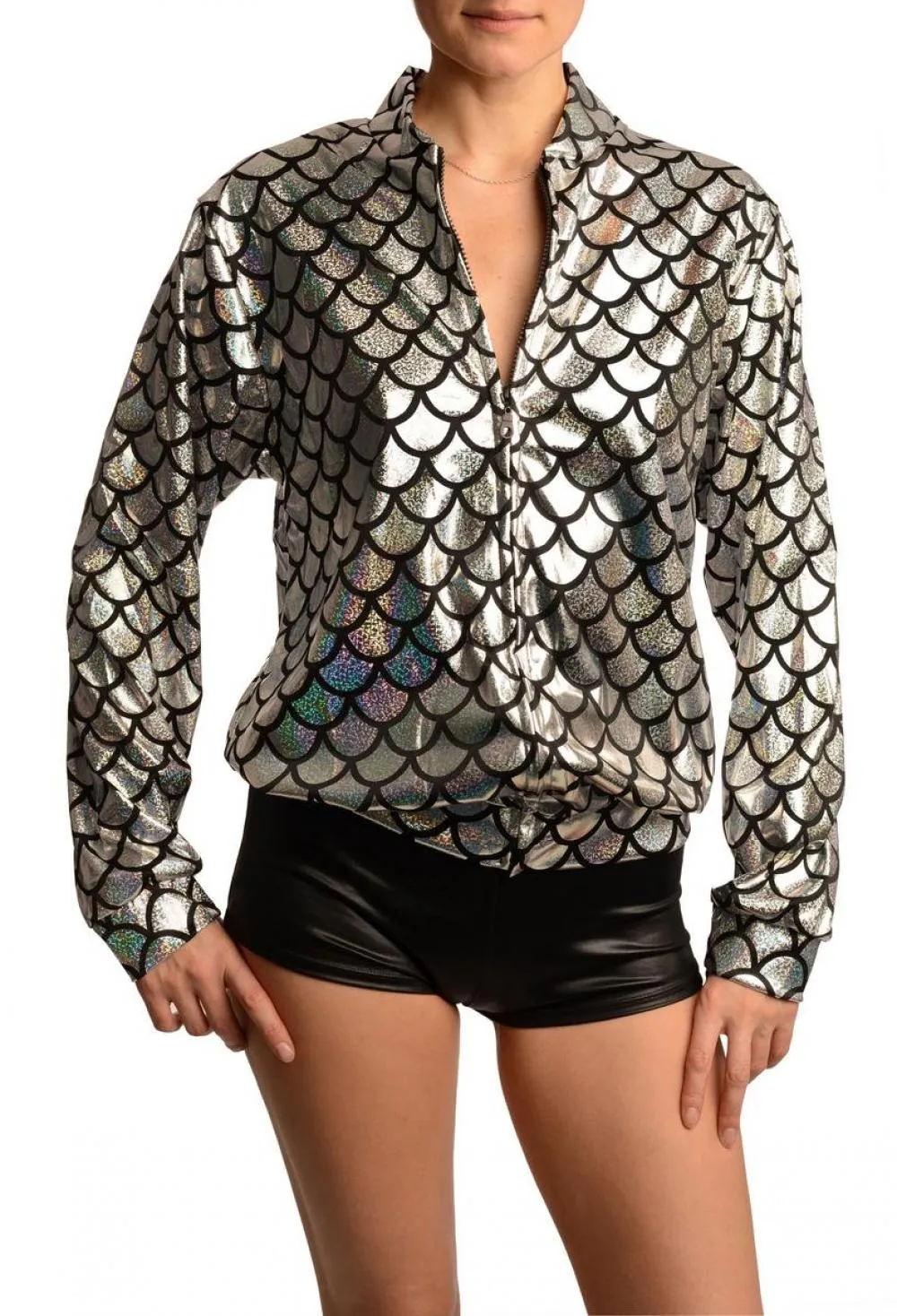 Silver Shiny Gloss Mermaid Scales Unisex Zip Disco Jacket