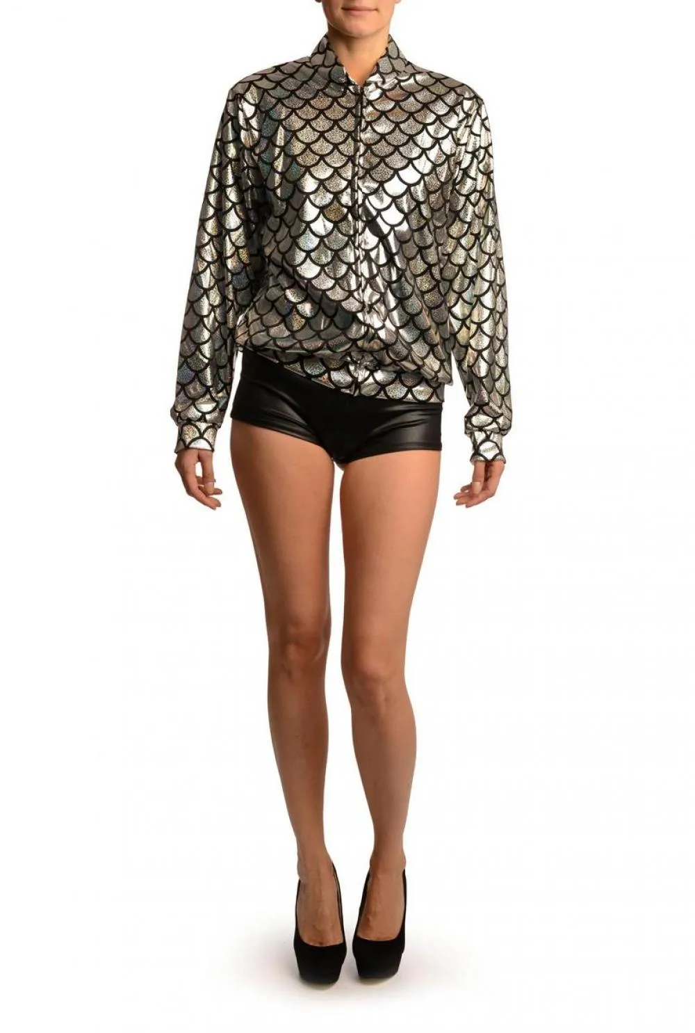 Silver Shiny Gloss Mermaid Scales Unisex Zip Disco Jacket