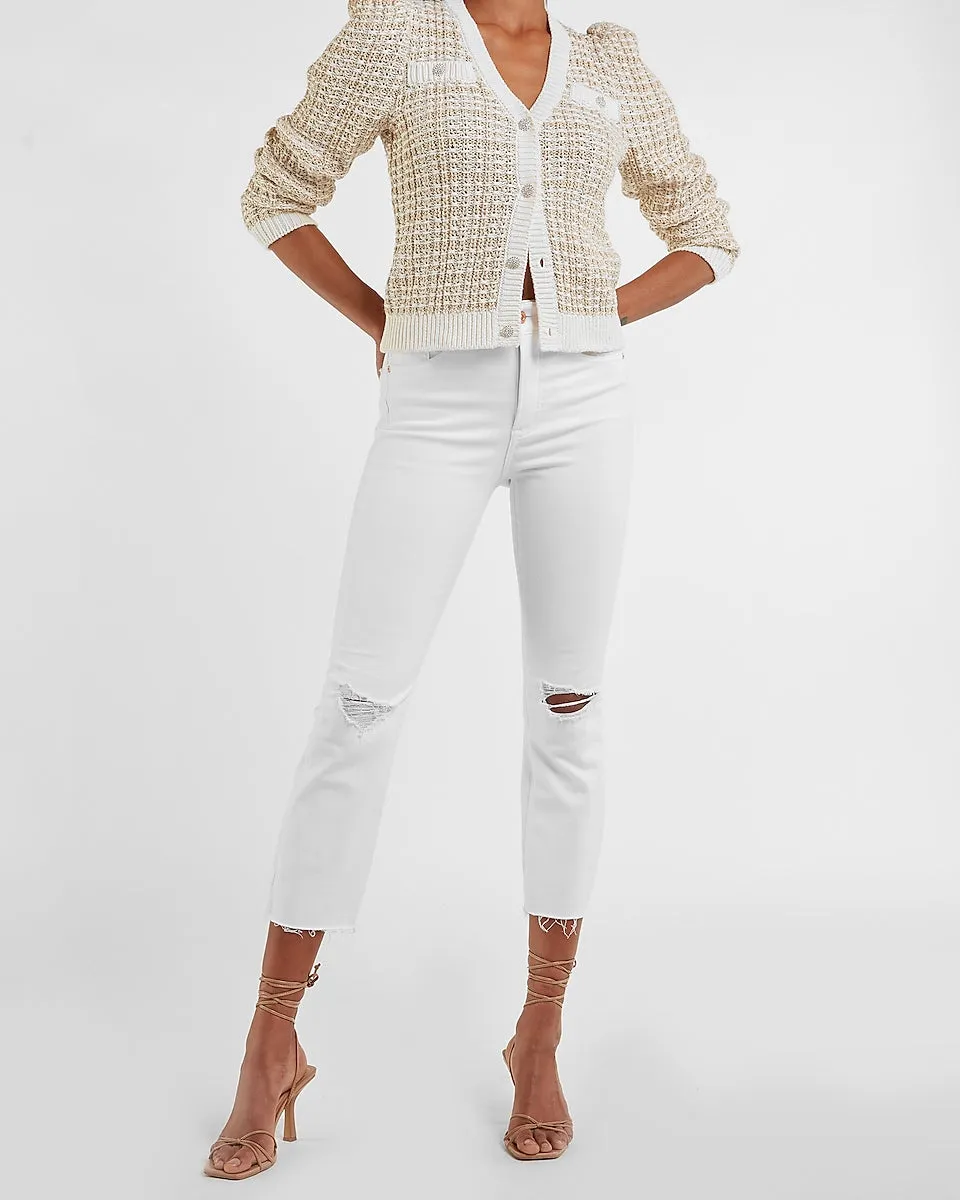 Textured Stitch Jewel Button Sweater Jacket in Neutral Print