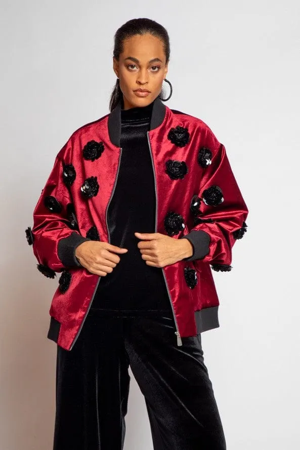 Velvet Floral Embroidered Bomber Jacket