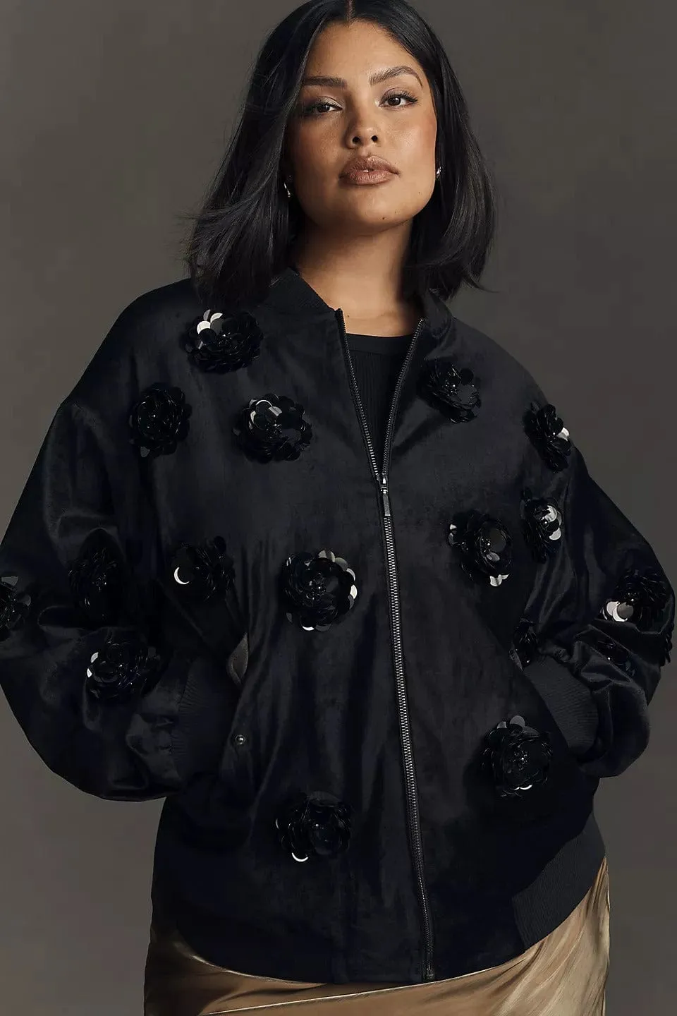 Velvet Floral Embroidered Bomber Jacket