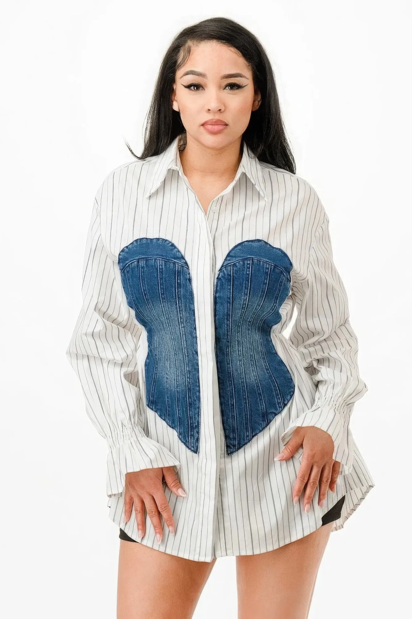 White Tunic Buttoned-down Shirt Tunic with Denim Detail