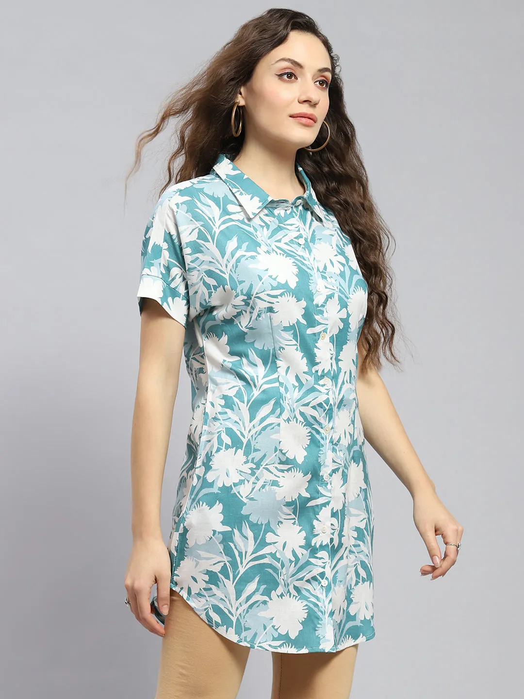 Women Teal Blue Printed Collar Half Sleeve Tunic