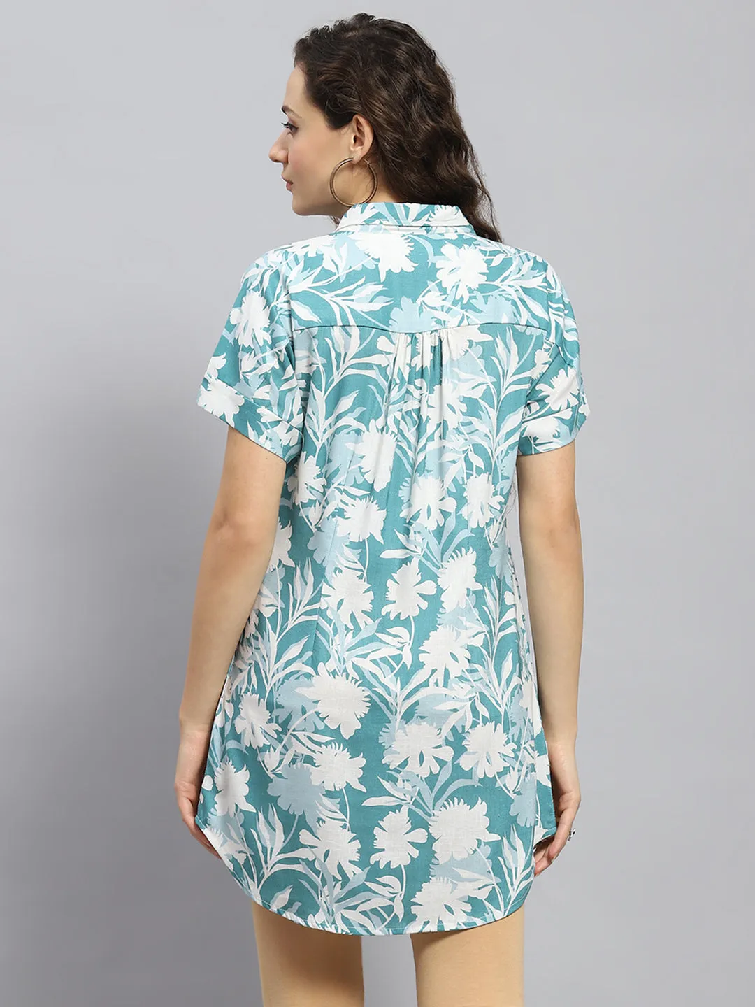 Women Teal Blue Printed Collar Half Sleeve Tunic