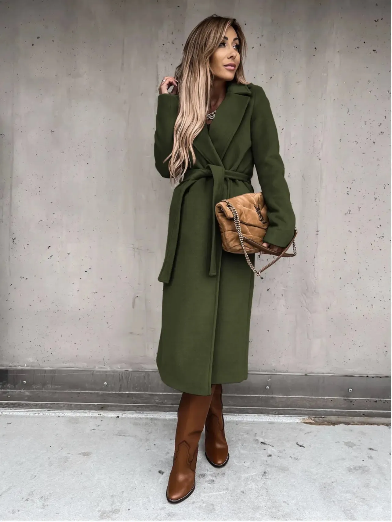 Woollen Simple Fashion V-neck Lace Up Long Jacket