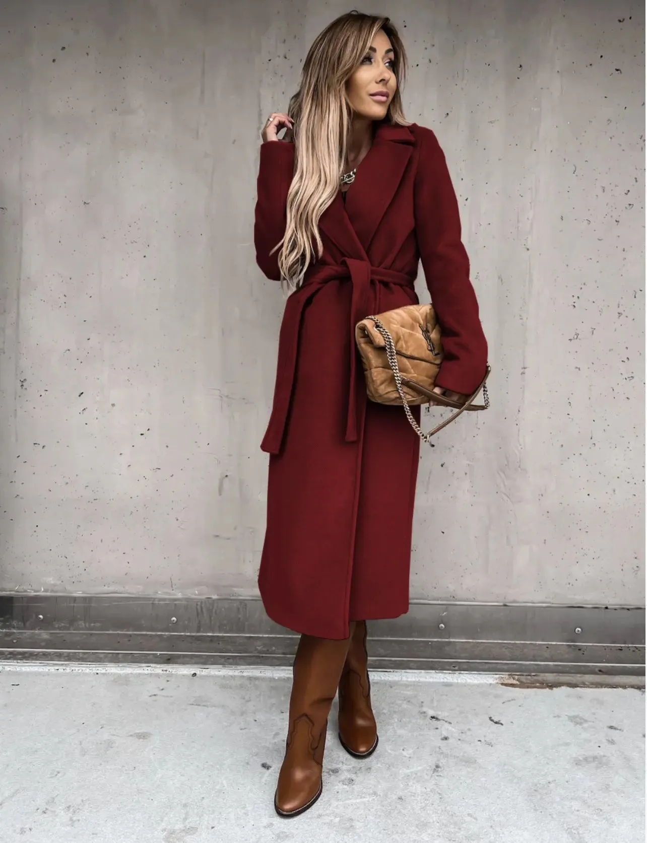 Woollen Simple Fashion V-neck Lace Up Long Jacket