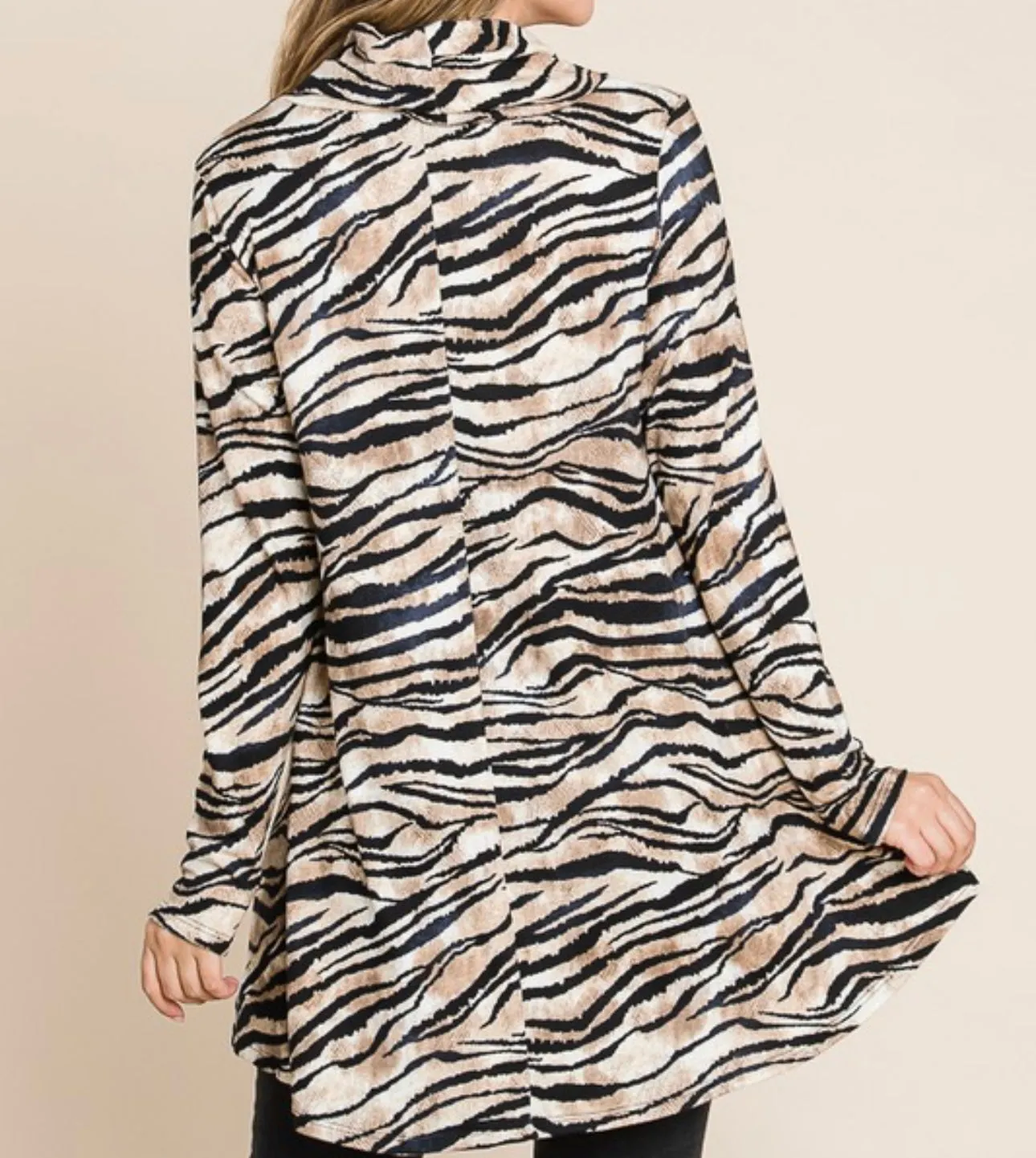 Zebra Black and Tan Cowl Neck Sweater Women's Tunic Top