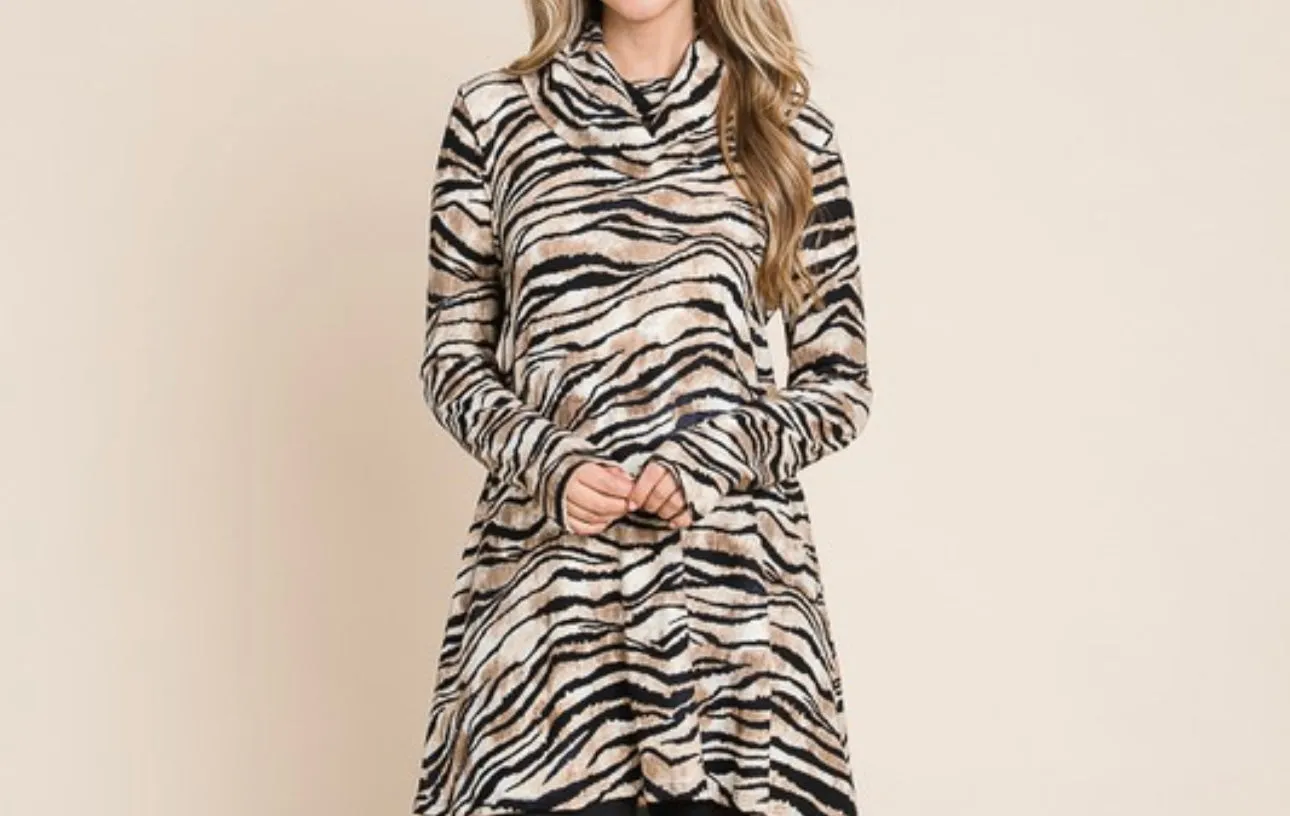 Zebra Black and Tan Cowl Neck Sweater Women's Tunic Top