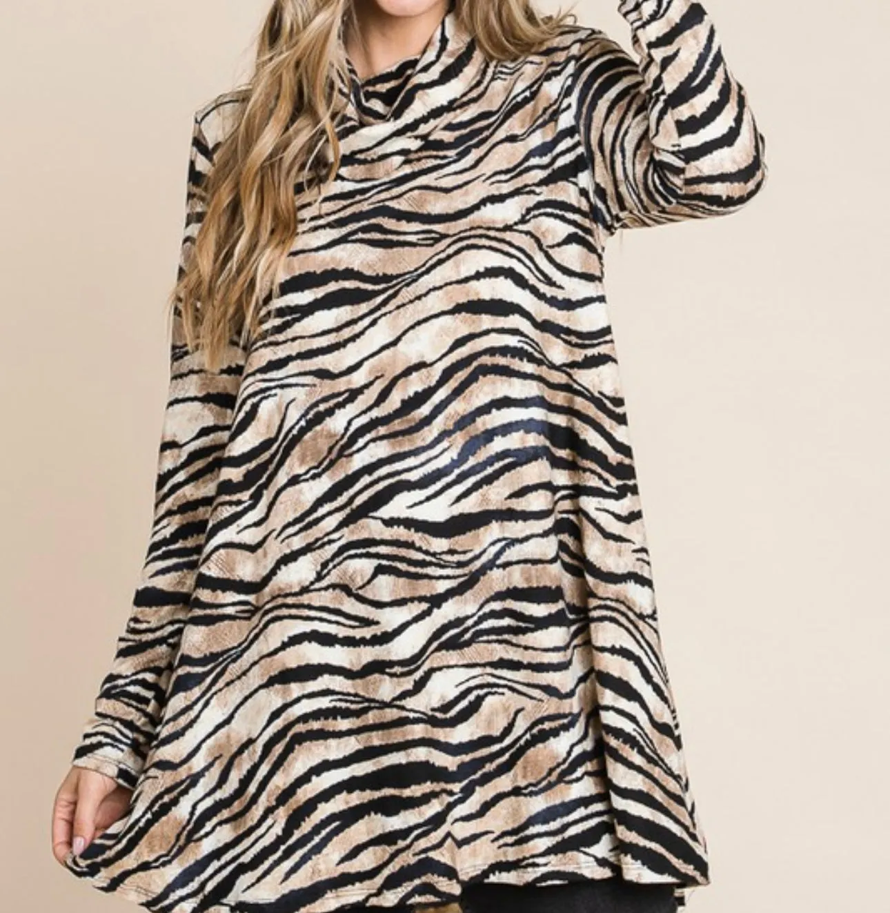 Zebra Black and Tan Cowl Neck Sweater Women's Tunic Top